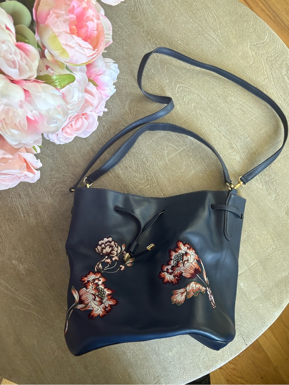 Navy Floral Embroidered Shoulder Bag by Ralph Lauren
